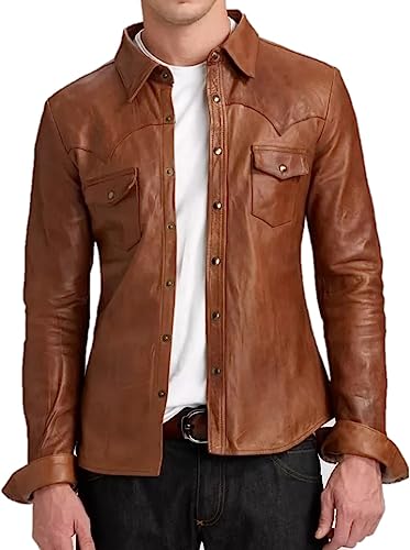 RIZING STAR Men's Western Trucker Leather Smart Fitted Denim Shirt Style Stud Button Jacket