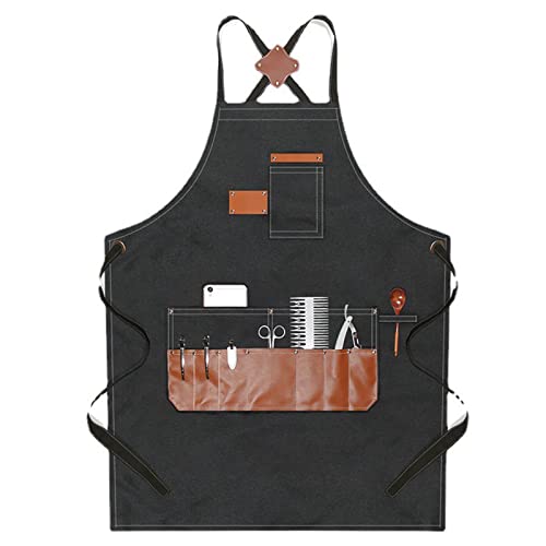 Delantal negro impermeable con bolsillos para barberos y carpinteros profesionales 6