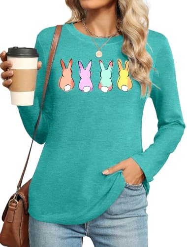 Easter Shirt for Women - Happy Easter Long Sleeve Shirts Easter Bunny Graphic Tee Christian Easter Gift Tops