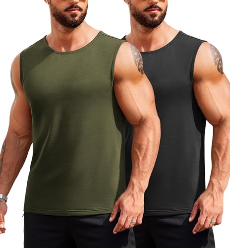 COOFANDY Men's Workout Tank Top Bodybuilding Sleeveless Shirt Workout Gym T-Shirt, Black/Army Green S