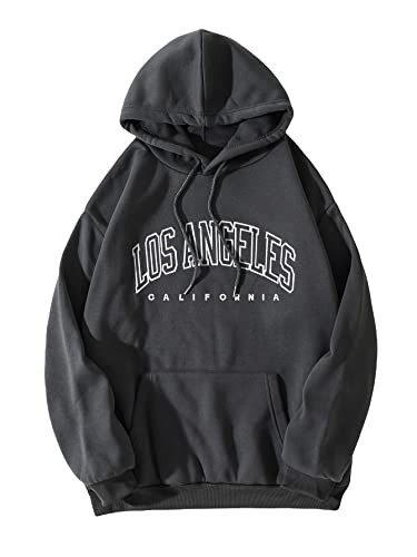 COZYEASE Men's Oversized Letter Graphic Drawstring Casual Hoodies Long Sleeve Vintage Street Hoodie Sweatshirts Dark Grey XL