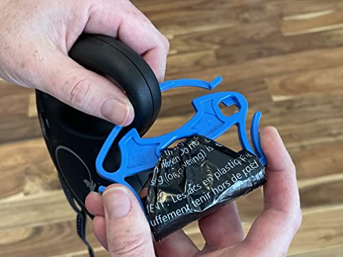 Image of Ultra Slim Bag Holder For Leash-One-Handed Operation- Keeps Rolls Secure Without Unrolling-Double Bag Hooks For Full Bags- Includes (1) Roll of Dog Waste Bags (2 Pack, Blue)