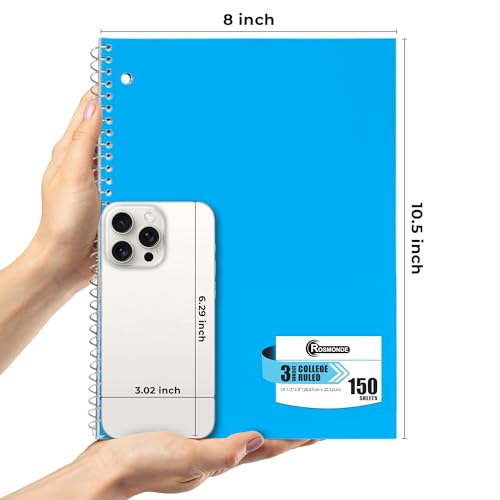Image of Rosmonde 3 Subject Notebook College Ruled, 6 Pack, 150 Sheets(300 Pages), No-Bleed Paper, 3 Hole Punched, 8x10-1 /2, 3 Subject Spiral Notebook for School, Home & Office, Assorted Colors
