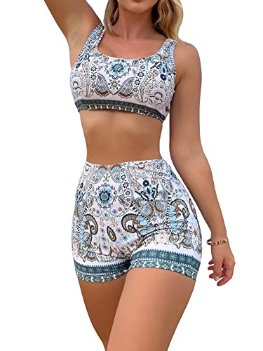 Floerns Women's 2 Piece Bathing Suit Scoop Neck Bikini Shorts Tankini Swimsuit