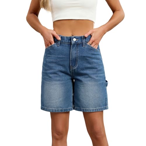 Womens Fashion High Waisted Denim Shorts Summer Casual Straight Leg Shorts with Pockets Outdoor Workout Stretchy Jeans