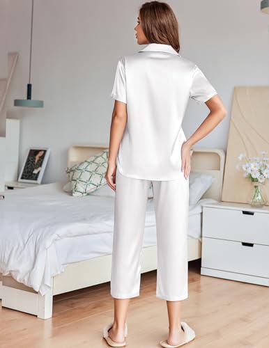 Image of Ekouaer Womens Satin Pajamas Silk Capri Pjs 2 Piece Lounge Sets Short Sleeve Button Down Sleepwear