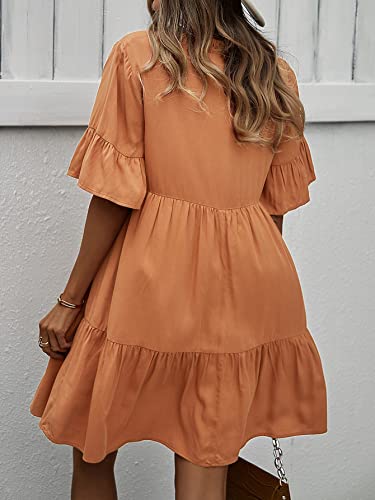 Gaovot Women's Casual Babydoll Dresses Ruffle V Neck Drawstring Neck Tie Flared Short Sleeves Summer Solid Swing Mini Dress(Light Orange,L) #TOP2