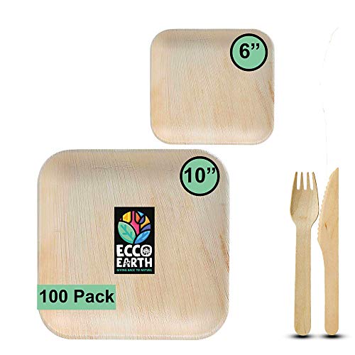 Super Brands Areca Palm Leaf Disposable Plates 10 Inch & 6 Inch Square Party Pack  Heavy Duty, Biodegradable, Compostable and Eco Friendly Dinnerware 