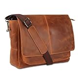 Handmade Full Grain Buffalo Leather Messenger Bag 16 Inch | Laptop Satchel Briefcase for Men & Women | Vintage Office Computer Bag with Adjustable Strap (Fits 15.6” Laptop)