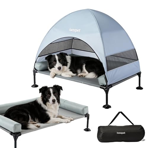 iweepet 4 in 1Elevated Dog Bed with Removable Canopy & Bolster Pillows for Medium & Large Dog Cooling Raised Outdoor Dog Bed with Breathable Teslin Mesh Carry Bag for Camping Patio Backyard 42