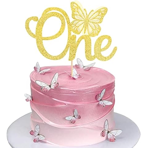 Rsstarxi 1 Pack Butterfly One Cake Topper Gold Glitter Baby Shower Butterfly 1st Birthday Cake Pick Decorations for Butterfly Theme Baby Shower 1st Birthday Party Supplies Cover