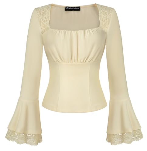 SCARLET DARKNESS Women's Lace Blouses Vintage Peasant Tops Y2K Ruched Bust Corset Top Light Yellow Medieval Party Cosplay Gothic Shirts M