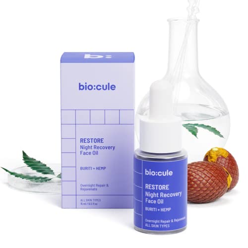 biocule RESTORE Night Recovery Face Oil with Sugar Squalane, Buriti & Hemp Oils, Natural Facial Oil for Overnight Repair & Rejuvenation, Lightweight & Velvety Texture, for All Skin Types, 15ml
