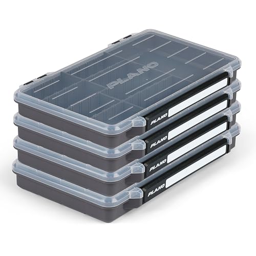 Image of Plano StowAway 3600 50 /50 Split Stow Tackle Box, 4-Pack, Corrosion-Preventive Rustricor, Single Latch Design, Transparent DuraView Lid, Stackable Storage for Fishing Bait, Lures and Gear