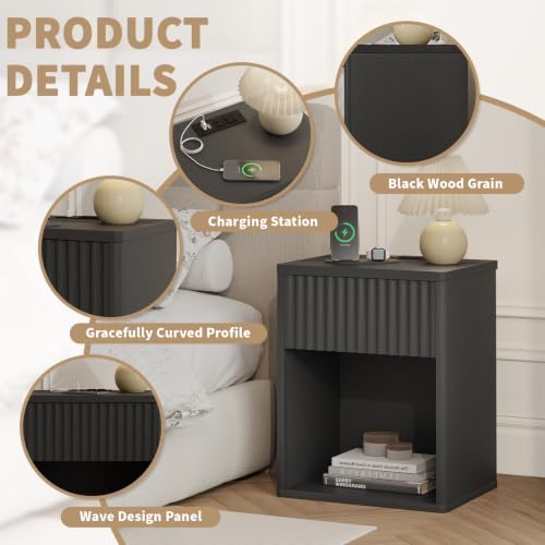 Image of Fluted Black Nightstands Set of 2 w /Charging Station, Wooden End Table Bed Side Table with Curved Drawer, Mid Century Modern Fluted Night Stand with Rounded Edge for Bedroom, Living Room