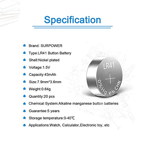 Surpower Lr41 Battery Ag3-20 Pack【5-Year Warranty】 #TOP2
