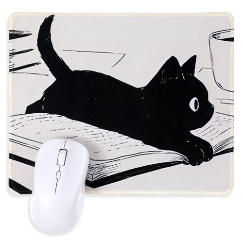 Ptwola Alfombrilla de ratón para gatos con diseño de gatito negro y divertido Kawaii, con bordes cosidos, parte inferior de goma antideslizante, accesorios de escritorio para ratón, ordenador