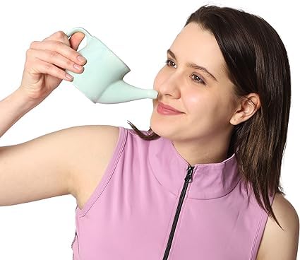 Ancient Impex Pot Neti en céramique 400 ml Vert menthe – Pot de nettoyage nasal anti-déversement avec 5 sachets de sel de Neti, passe au micro-ondes, kit ayurvédique Jala Neti pour soulager les sinus