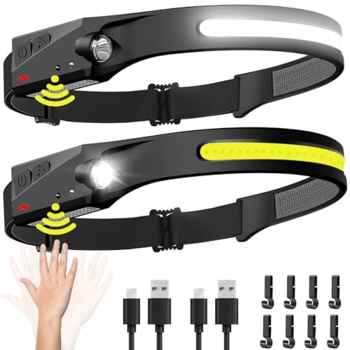 Headlamp Rechargeable 2PCS, 230° Wide Beam Head Lamp LED with Motion Sensor for Adults – Camping Accessories Gear, Waterproof Head Light Flashlight for Hiking, Running, Repairing, Fishing, Cycling