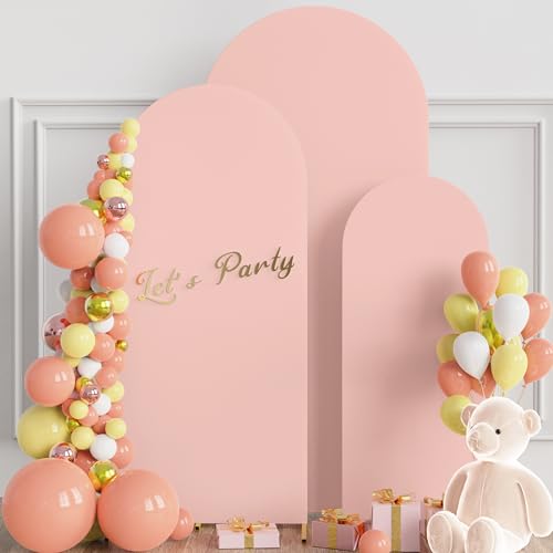 Image of Wokceer Wedding Arch Cover Set of 3 Spandex Fitted Wedding Arch Stand Covers for Round Top Chiara Arch Backdrop Stands Cover for Birthday Party Ceremony Banquet Decoration 4ft,5ft,6ft Pale Pink