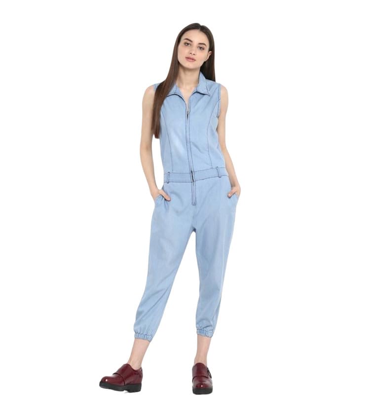 Women's Denim Solid Sleeveless Jumpsuit (Blue, L)-PID61783-image-1