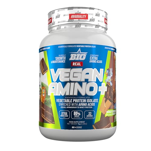 BIG - Proteina Vegana - Proteina Vegetal 100%, para Masa Muscular y Recuperación - Vegan Protein con Aminoácidos - Proteína en Polvo, Deliciosos Sabores, Sin Lactosa (1Kg, Mowgly Chocolate & Biscuits)