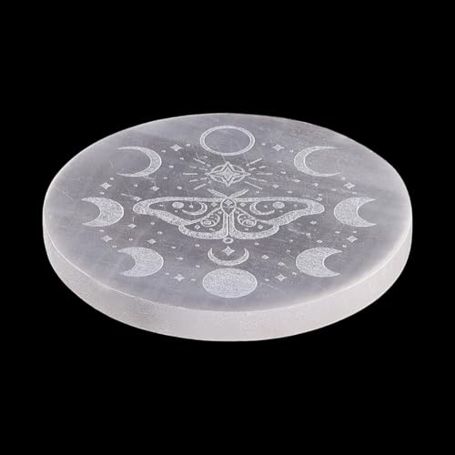 FINGERINSPIRE Selenite Crystal Charging Plate for Crystals and Healing Stones 3.35x0.33inch Round Gypsum Crystal Plate with Moth & Moon Phase for Home Office Meditation & Energy Cleansing & Table Decor