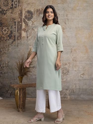 Image of feranoid Women's Plain Cotton Kurta with Mandarin Collar, 3 /4 Sleeves & Pocket