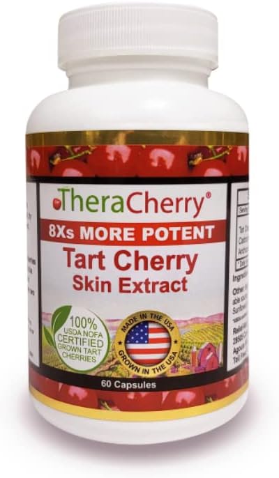 TheraCherry All Natural Montmorency Tart Cherry Antioxidant Supplement - Organic Grown Tart Cherries - 8X's More Potent Skin Extract - Highest Natural Source of Melatonin, 60 Capsules