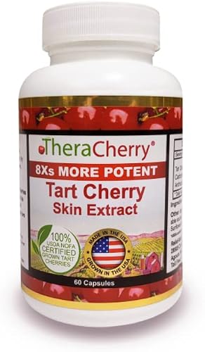 TheraCherry All Natural Montmorency Tart Cherry Antioxidant Supplement - Organic Grown Tart Cherries - 8X's More Potent Skin Extract - Highest Natural Source of Melatonin, 60 Capsules