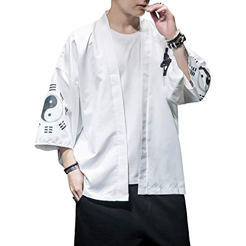 Image of Men's Japanese Kimono Robe Jacket Lightweight 3 /4 Sleeve Open Front Yukata | Silky Smooth Fashion Print Happi Coat Lightweight Breathable Loose Unisex Haori Casual Summer Cardigan Daily Beach Vacation