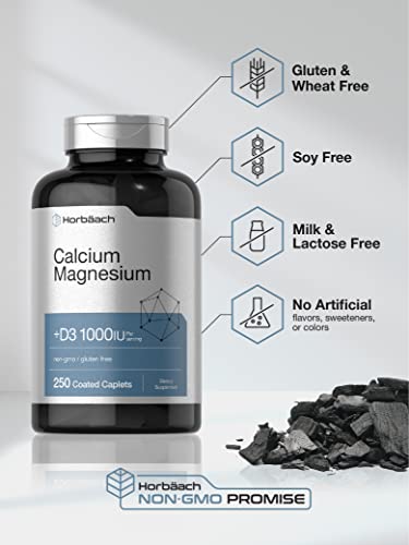Calcium, Magnesium & D3 | 250 Coated Caplets | Non-Gmo & Gluten Free Supplement | By Horbaach #TOP3