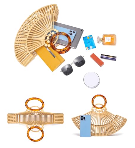 Image of Bamboo Purses for Women Natural Bamboo Acrylic Handle Clutch Small Tote Elegant Evening Bag for Vacation Wedding Travel