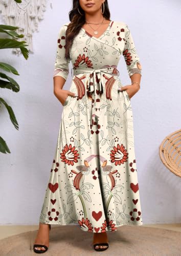 Image of Runwind Plus Size Wrap Dress for Women, Maxi A-Line Dresses with Belt | Versatile maxi for weddings church holiday parties, 3 /4 Sleeve V-neck with pcckets, soft stretchy fabric, 1X-6X