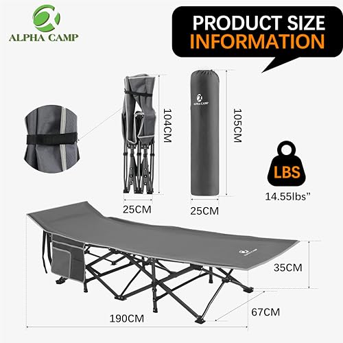 ALPHA CAMP Camping Bed for Adults Folding Camp Bed Heavy Duty Camping Beds Up to 280 kg Portable Camping Cot with Carry Bag for Outdoor Travel Fishing Office, Grey - Image 5