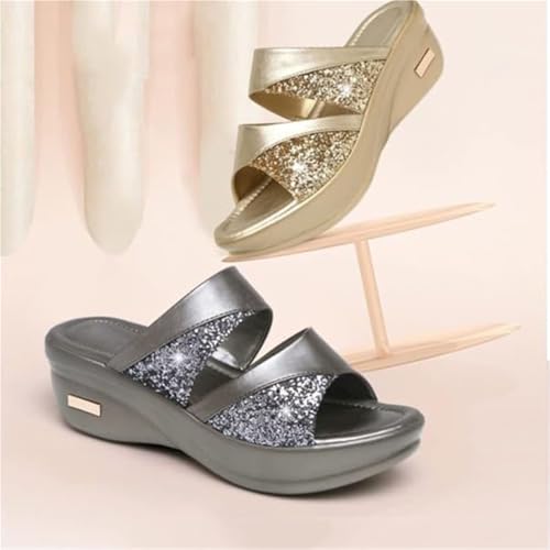 Platform Wedge Slippers, Womens Summer Open Toe Slip-On Glitter Fish Mouth Wedge Sandals, Outdoor Comfortable Breathable Beach Sandals, for Walk, Travel, Shopping, Office, Work, Beach 5