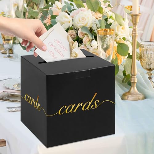 Image of Black Card Box Gold Foil Wedding Favors Gift Card Boxes Post Box Receiving Money Box Holder for Wedding Reception, Baby Showers, Anniversary, Birthday Party, Retirement, Graduation Envelope Holder