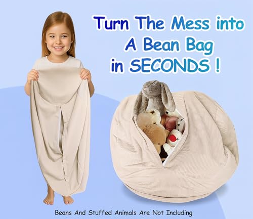 Image of Stuffed Animal Bean Bag Storage Chair Cover (No Filler) Soft Washable Stuffable Removable Premium Organizing Plush Toys Comfortable Organizer Keep Clutter with Premium Zipper Adults (Beige, Medium)