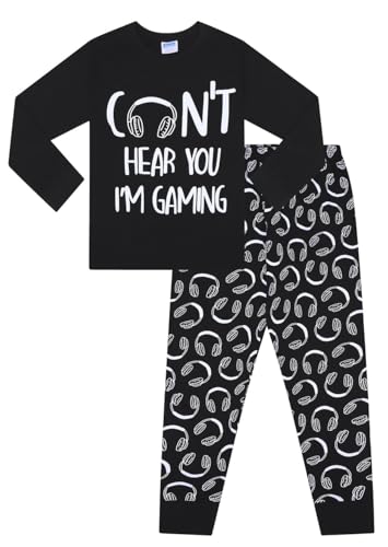 Pijama largo de algodón negro con texto 'Can't Hear You I'm Gaming', Negro , 12-13 Years