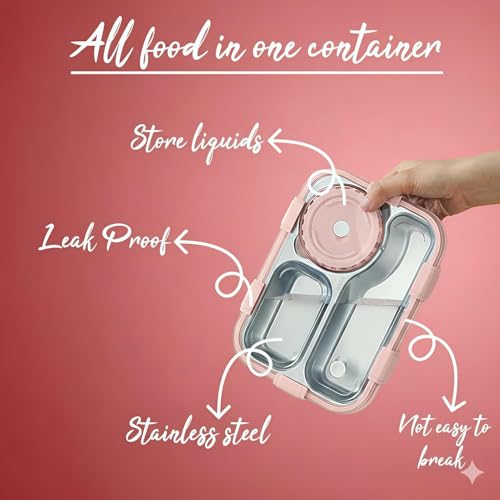 Image of Sanghariyat Lunch Box 3 Compartment Out Side-Leak-Proof BPA Free Stainless Steel, Lunch Box for Girls, Lunch Box for School with a Fork, a Spoon and a Pair of Chopsticks 750 ml (Pink)