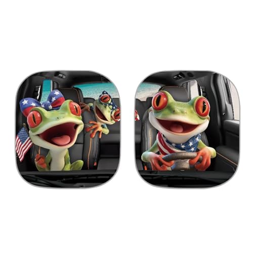 Image of Frog Driving Car Windshield Sun Shade Independence Day Front Windshield Shade for Sun 2-Piece Independence Day Foldable Car Windshield Sun Shade Automotive Protector