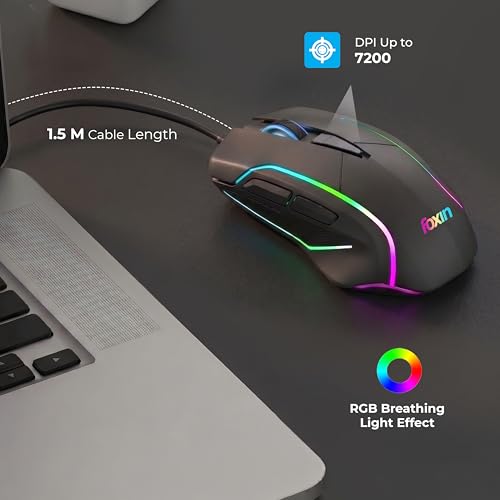 Image of Foxin Phantom GM 105 USB Wired Gaming Mouse with Upto 7200 DPI Gaming Sensor | 6 Buttons | Upto 10 Million Clicks | RGB Lighting | Ergonomic Design | 1.5m Cable (Black)