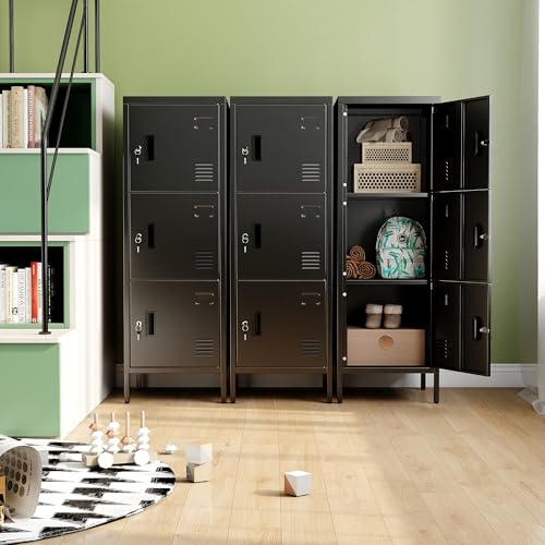 Image of Aobabo 16 inch W 3 Door Metal Storage Locker with Lock, 47 inch H Steel Locker with Name Card Holder and Metal Leg for School, Home, Office, Playroom, Assembly Required, Black