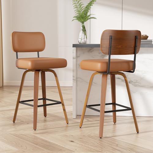 Image of Swivel Bar Stools Set of 2, 26 inch Upholstered Faux Leather Counter Height Barstools with Walnut Back & Bentwood Legs, Mid Century Modern Bar Chairs Island Stools for Kitchen Counter, Brown