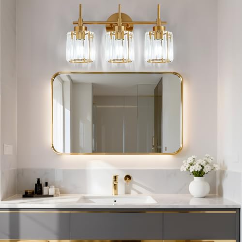 Image of EJIAXIN Bathroom Lighting Fixtures, 3 Light Gold Bathroom Light Fixtures with Clear Shades Modern Crystal Vanity Light Bath Room Vanity Lighting Over Mirror Wall Light
