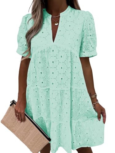 Image of Imily Bela Womens Summer Lace Dresses Eyelet Casual Flowy Babydoll Swing Short Sleeve V Neck Tunic Dress