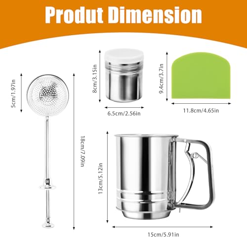 Flour Sifter, Stainless Steel 3 Cup Double Layer Fine Mesh Sifter for Baking, 3 in 1 Powdered Sugar Shaker Duster Set for Baking Cakes, Pastries, Pies, Cupcakes and Desserts - Thumbnail 2