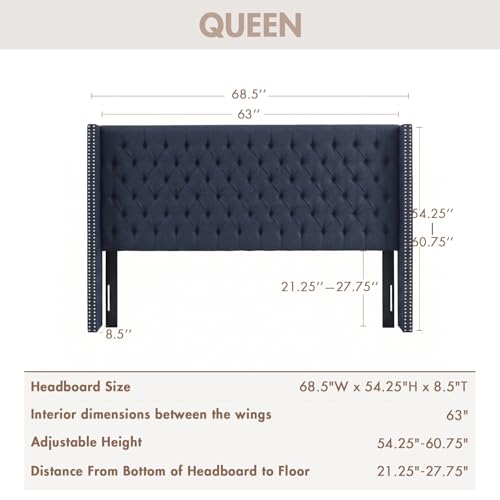 Image of Madison Park Queen Wingback Upholstered Tufted Headboard, Featuring High-Density Sponge Padding, Adjustable Height Headboard, Easy Assembly, Navy