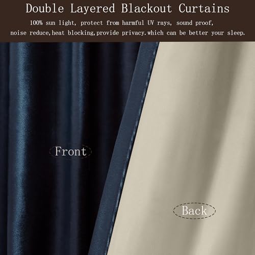 Image of 100% Blackout Navy Blue Velvet Curtains 63 inches for Living Room,2 Panels Back Tab Deep Blue Thermal Insulated Room Darkening Curtain with Liner Noice Reducing Soundproof Window Drapes for Bedroom