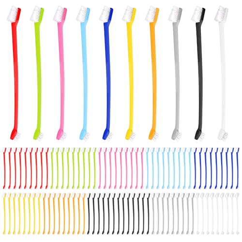 Image of XIHIRCD 100pcs Dog Toothbrush Bulk, Dual Headed Soft Bristles Toothbrush Anti-Slip Cat Teeth Brush Easy Teeth Cleaning Dental Care Pet Toothbrush for Small and Large Dogs Cats Most Pets (10 Colors)